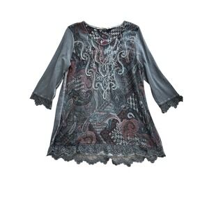 Soft Surroundings Gray Tunic Top‎ Womens Large Embroidered Boho Whimsigoth Artsy
